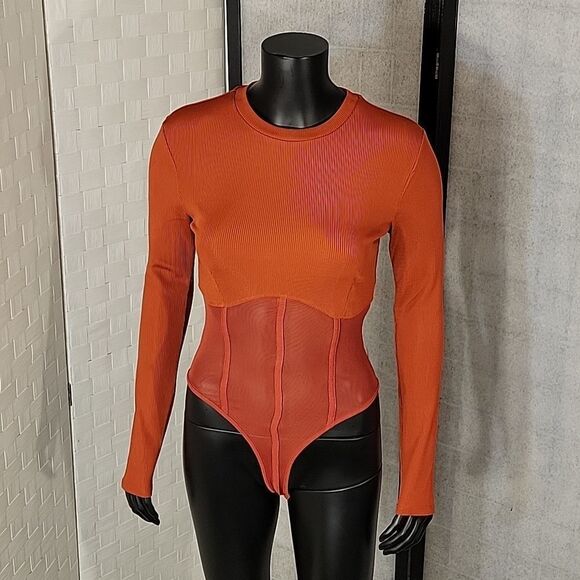 BRAND NEW LONG SLEEVES MESH INSERT HIGH NECK SOLID SHEER THONG SNAP BODYSUIT - Picture 13 of 16